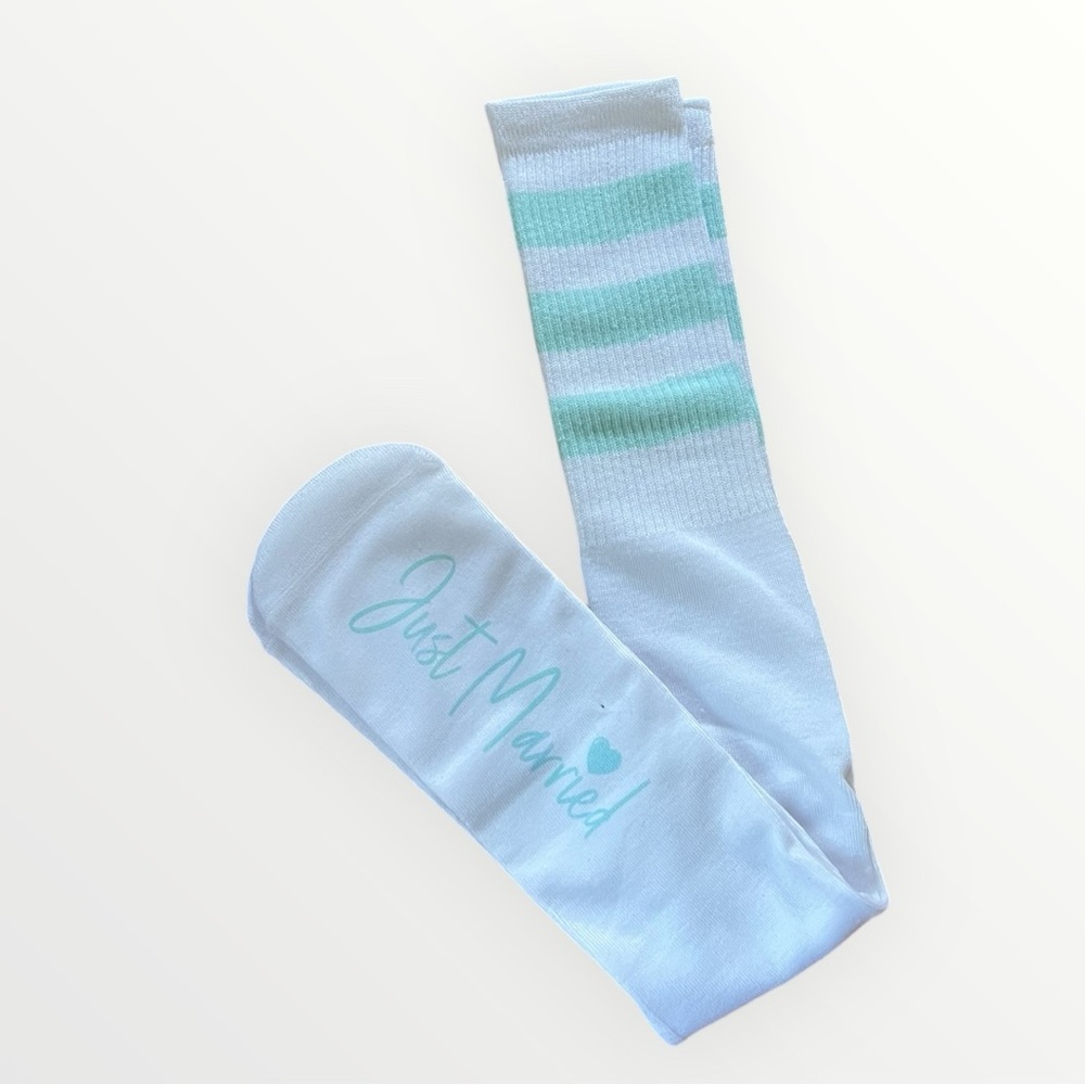 ⬜️Women’s one size, never worn “Just Married” white & turquoise long socks⬜️